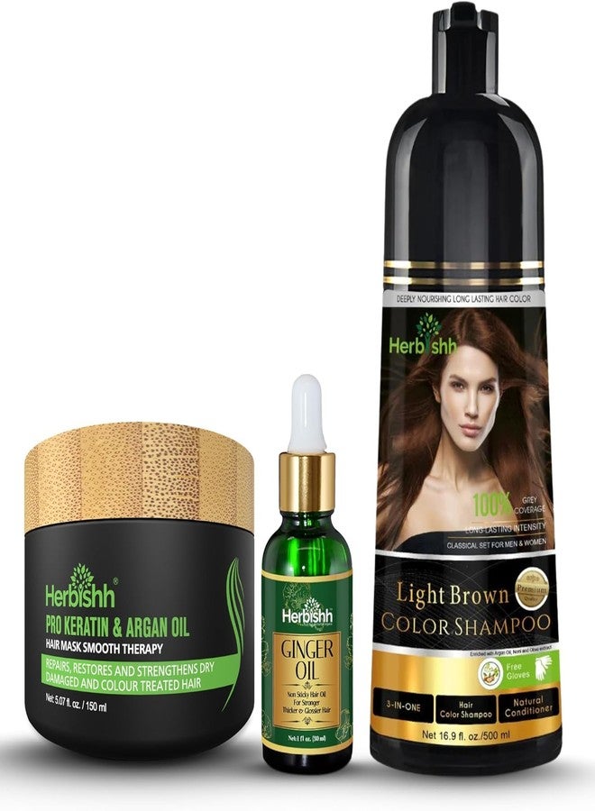 Herbishh Light Brown Hair Dye Shampoo 3 In 1- Color Shampoo For Gray Hair Coverage 500 ML, Argan Oil & Pro Keratin Deep Conditioning Hair Mask 150gm and Ginger Essential Oil Serum For Hair Growth 30ml - Image 1